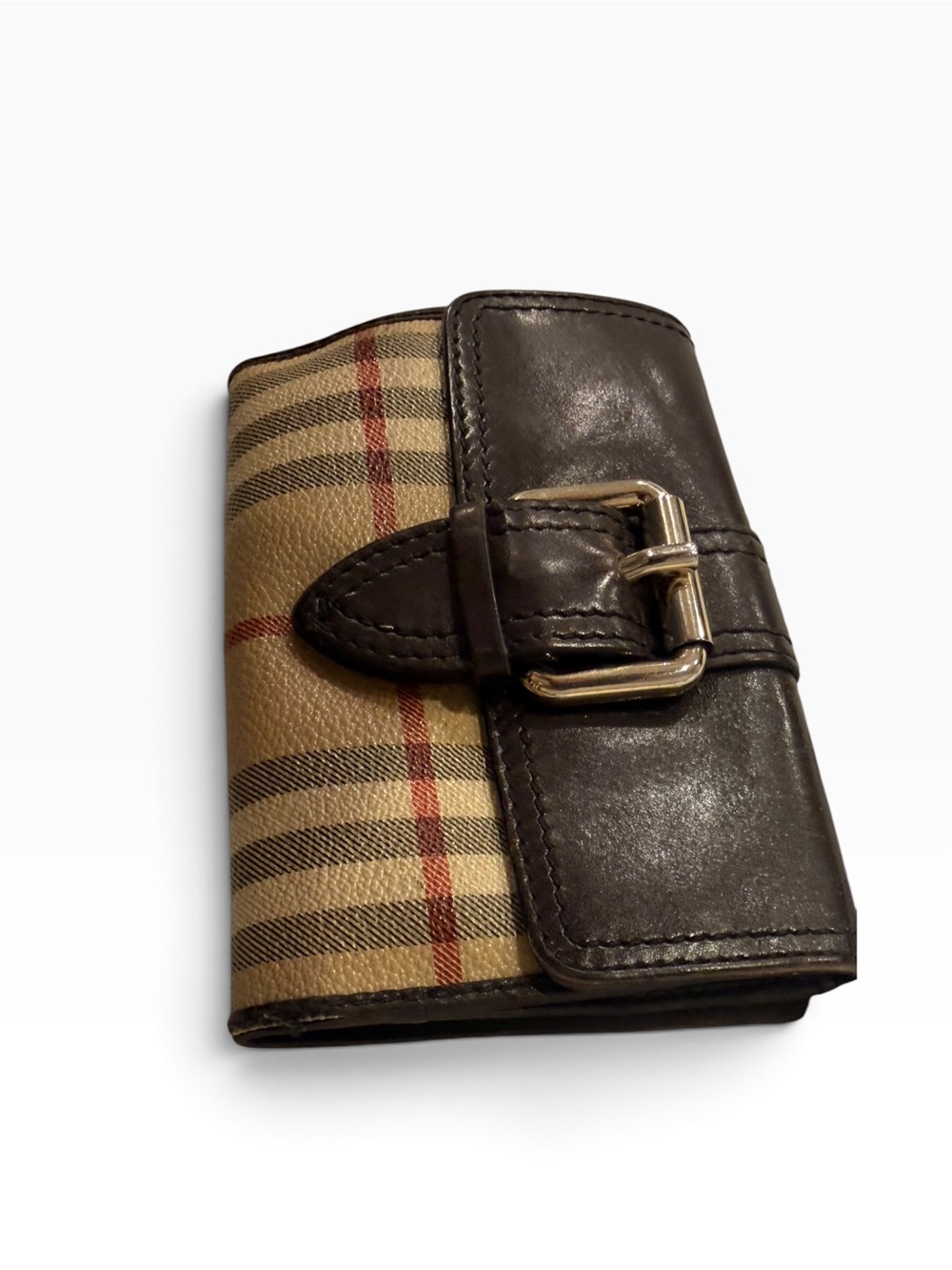 Burberry Haymarket Check Brown Leather Buckle Compact Wallet Made in Italy